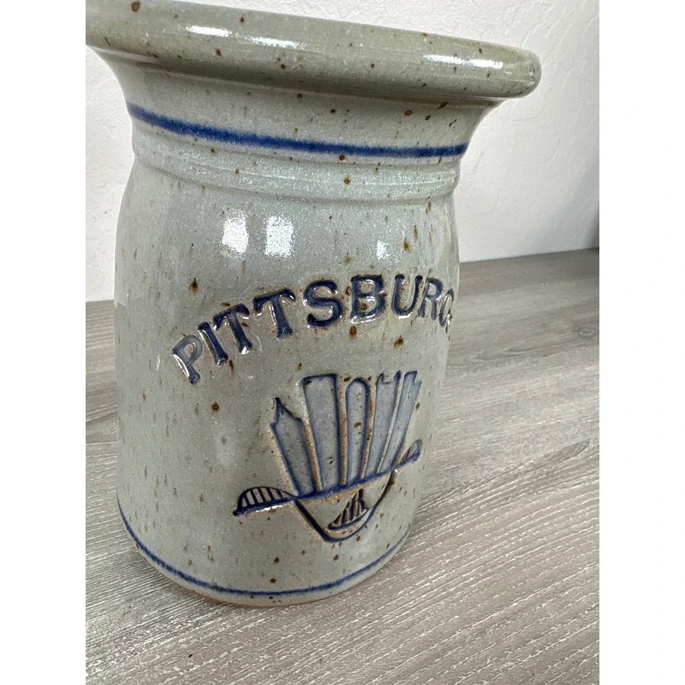 Pottery Pittsburgh Love Salt Glaze Stoneware Crock Utensil Holder Grey Vase